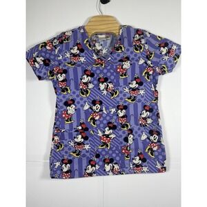 Disney Women's V-Neck‎ Scrub Top Minnie Mouse Purple 3 Pockets Cotton Sz XS